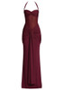 Halter Mesh Insert Draped Maxi Dress Burgundy