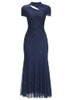 Short Sleeve Sparkly A Line Midi Dress Blue
