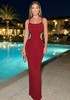 Mesh Sequin Cut Out Maxi Dress Red