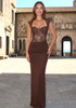 Lace Bustier Draped Maxi Dress Brown