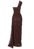 One Shoulder Draped Lace Maxi Dress Brown