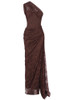 One Shoulder Draped Lace Maxi Dress Brown