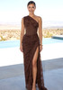One Shoulder Draped Lace Maxi Dress Brown