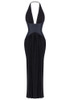 Halter Denim Insert Maxi Dress Black