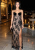 Strapless Embellished Structured Lace Maxi Dress Black