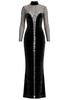 Long Sleeve Crystal Mesh Maxi Velvet Dress Black