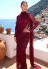 Long Sleeve Draped Mesh Maxi Dress Burgundy