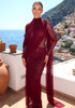Long Sleeve Draped Mesh Maxi Dress Burgundy