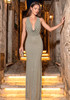 Draped Neckline Crystal Maxi Dress Green