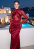 Mesh Glove Sleeves Draped Maxi Dress Red