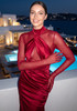 Mesh Glove Sleeves Draped Maxi Dress Red