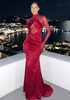 Mesh Glove Sleeves Draped Maxi Dress Red