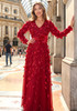 Long Sleeve Floral Embellished A Line Maxi Dress Red