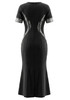 Short Sleeve Crystal Fluted Midi Dress Black