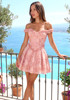 Ruffle Bardot Floral A Line Dress Coral Pink