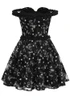 Ruffle Bardot Floral A Line Dress Black
