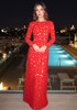 Long Sleeve Embellished Laser Cut Out Maxi Dress Red