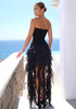 Strapless Crystal Bustier Ruffle Maxi Dress Black
