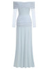 Long Sleeve Draped Bardot Maxi Dress Light Blue