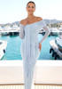 Long Sleeve Draped Bardot Maxi Dress Light Blue