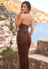 Halter Draped Design Maxi Dress Brown 