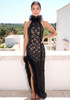 Halter Mesh Ruffle Lace Maxi Dress Black