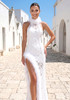 Halter Mesh Ruffle Lace Maxi Dress White