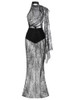 One Sleeve Draped Lace Maxi Dress Black