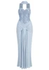 Strapless Sequin Draped Maxi Dress Blue