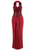 Strapless Sequin Draped Maxi Dress Red