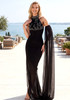 Halter Crystal Feather Draped Mesh Maxi Dress Black