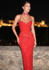 Halter Crystal Structured Bustier Maxi Dress Red