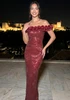 Floral Bardot Sequin Maxi Dress Burgundy