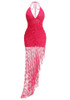 Halter Ruched Asymmetric Lace Maxi Dress Hot Pink