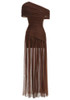 Draped One Shoulder Bardot Maxi Dress Brown