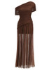 Draped One Shoulder Bardot Maxi Dress Brown