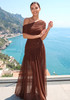 Draped One Shoulder Bardot Maxi Dress Brown