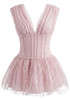 Sequin Draped Structured Lace A Line Dress Pink