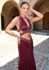 Halter Draped Two Piece Maxi Dress Brown Burgundy