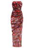 Strapless Draped Floral Maxi Dress Red