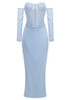 Long Sleeve Draped Mesh Bustier Maxi Dress Blue