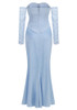 Long Sleeve Draped Mesh Bustier Maxi Dress Blue
