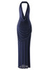 Halter Embellished Backless Maxi Dress Navy Blue 