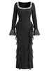 Long Sleeve Crystal Ruffle Detail Maxi Dress Black