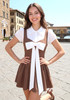 Short Sleeve Bow Detail A Line Dress Brown
