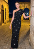 One Shoulder Ruffle Crystal Maxi Dress Black