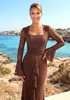 Long Sleeve Ruffle Detail Lace Maxi Dress Brown