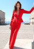 Long Sleeve Floral Detail Peplum Suit Red