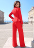 Long Sleeve Floral Detail Peplum Suit Red