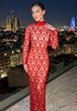 Long Sleeve Embellished Sequin Mesh Maxi Dress Red